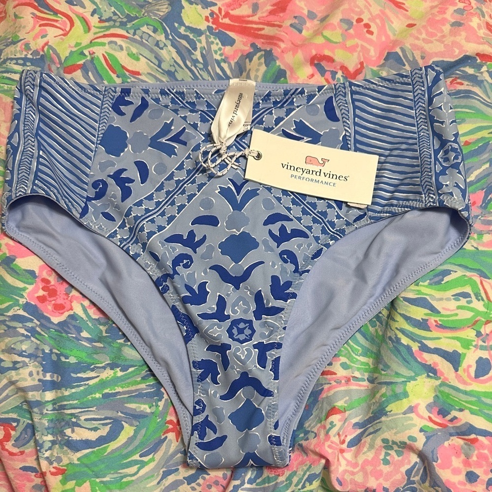 NWT Vineyard Vines Performance Womens High Waist Bikini Bottom in Calm Water XXS